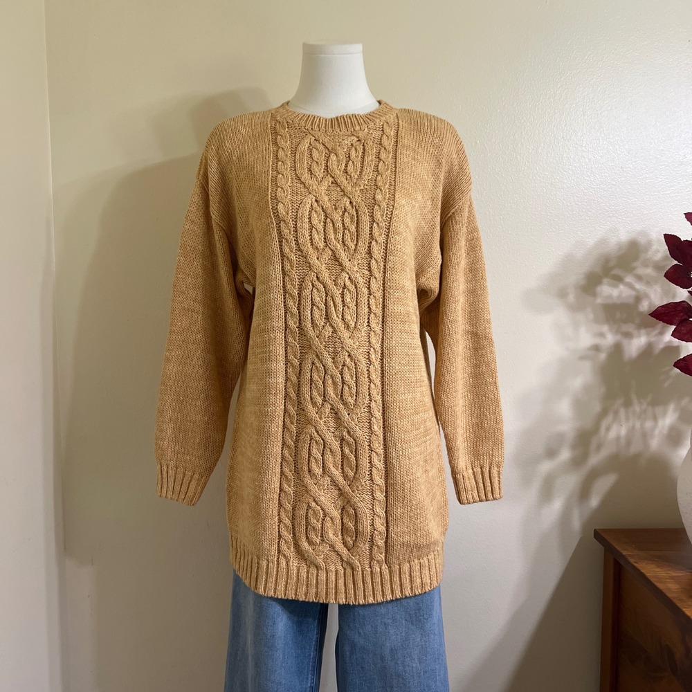 Hunters Run Vintage Cable Knit Tunic Sweater Mustard Yellow Ramie Cotton Small
